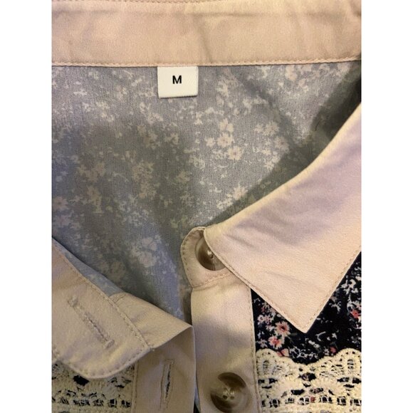 Boho Patchwork Floral Button Down Blouse Medium Crochet Lace Trim Tunic Top Cott - Picture 5 of 10